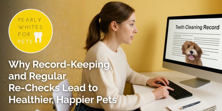 Woman reviewing pet dental records on computer, emphasizing the importance of record-keeping and regular re-checks for healthier, happier pets, Pearly Whites for Pets branding visible.